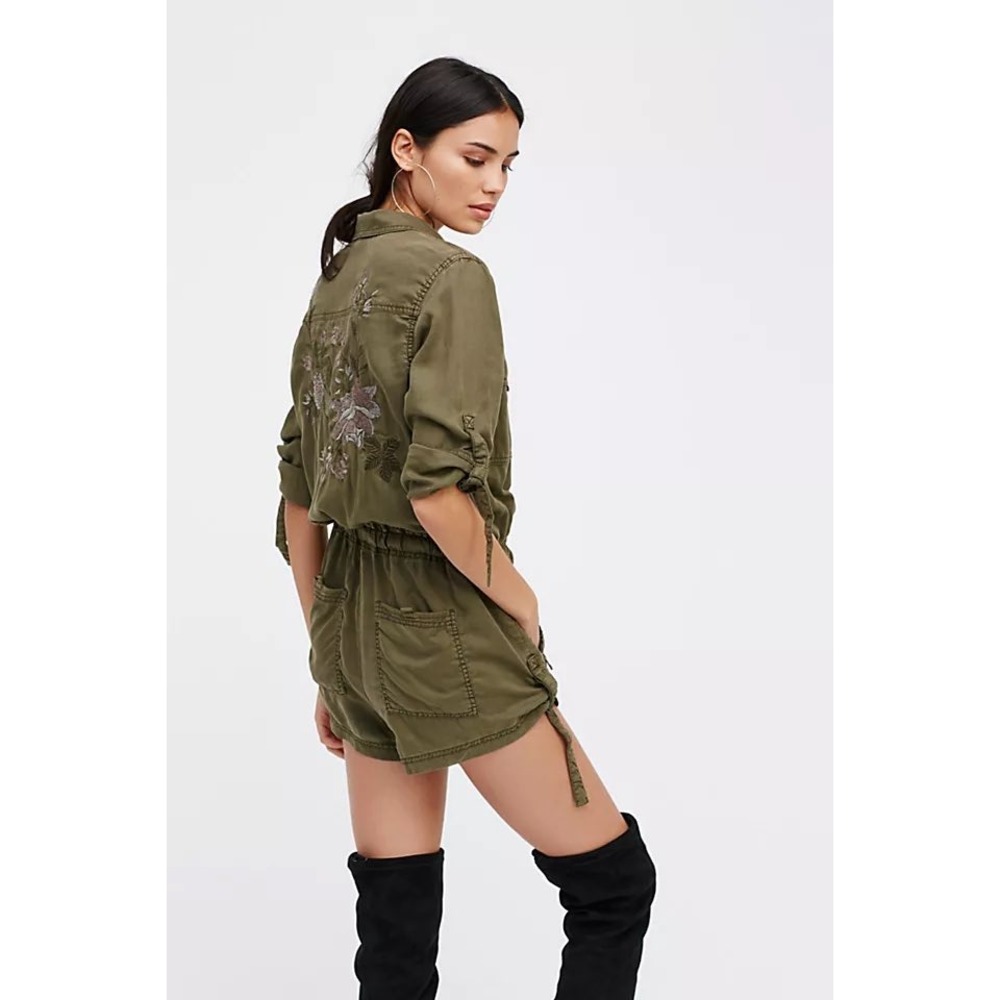 Free People Fine & Fluid Olive Green Floral Embroidered Utility Romper Small